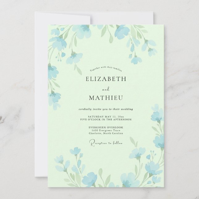 Invitación Boda con Hojas de Cielo Azul y Pistacho (Anverso)