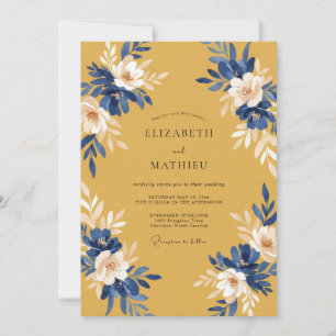 Invitación Boda con Hojas de Cobalto Mostaza