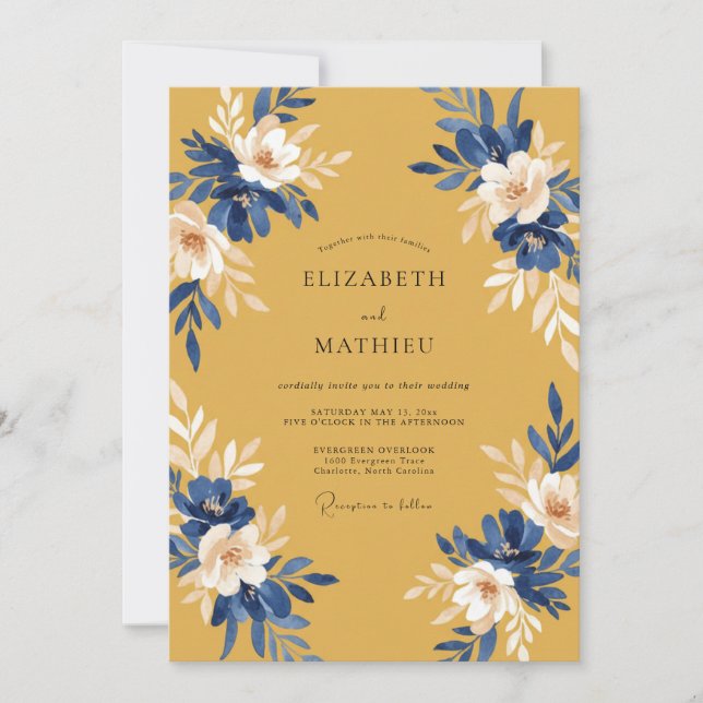 Invitación Boda con Hojas de Cobalto Mostaza (Anverso)