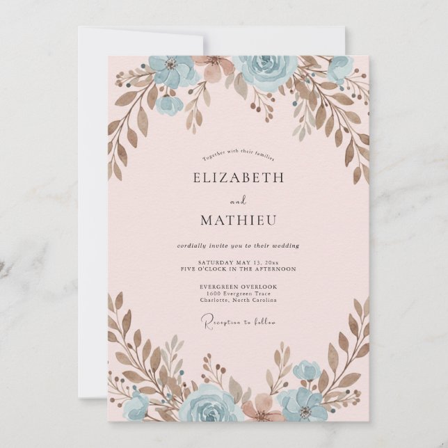 Invitación Boda con Hojas de Cobre Rosa Pálido (Anverso)