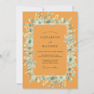 Invitación Boda con hojas de color azul verdoso y flor de cal