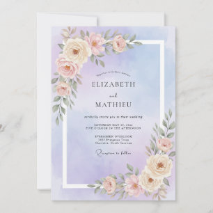 Invitación Boda con Hojas de Color Melocotón Pálido y Periwin