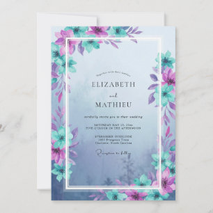 Invitación Boda con hojas de color púrpura turquesa