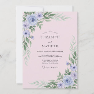 Invitación Boda con hojas de color rosa claro y pervinca
