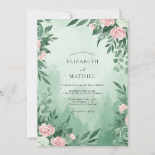Invitación Boda con hojas de color rosa espuma de mar