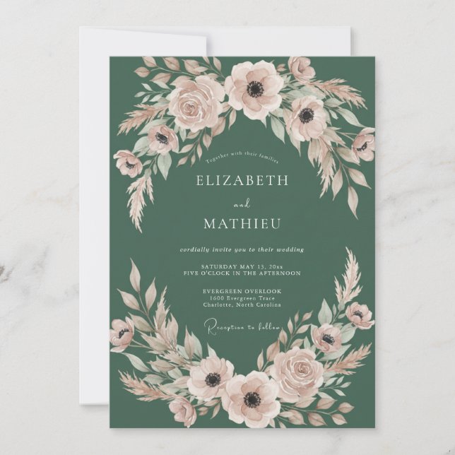 Invitación Boda con hojas de color rosa Hunter (Anverso)
