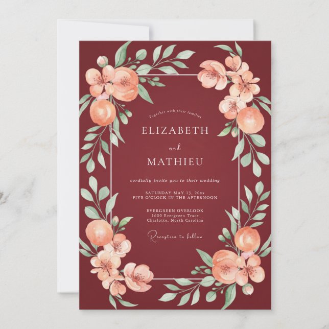 Invitación Boda con Hojas de Coral Granate (Anverso)