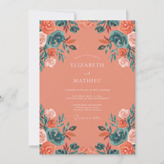 Invitación Boda con hojas de coral teal (Anverso)