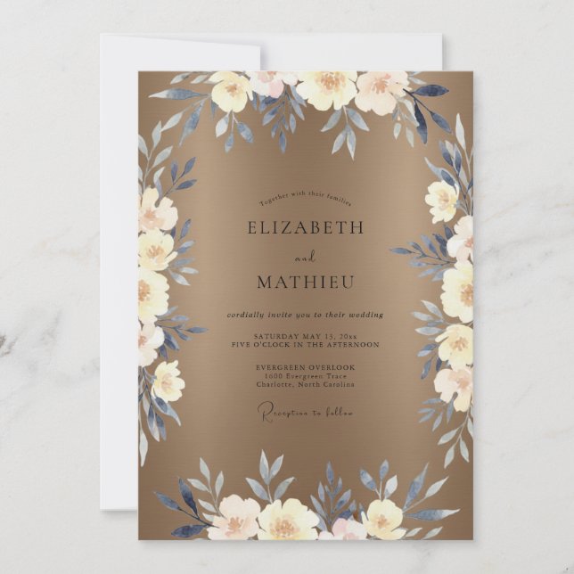 Invitación Boda con Hojas de Crema Beige (Anverso)