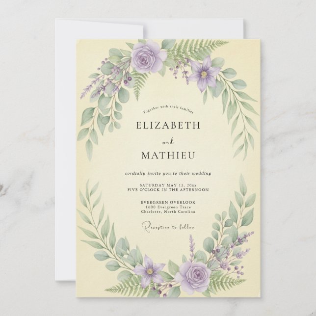 Invitación Boda con Hojas de Crema de Mantequilla de Lavanda (Anverso)