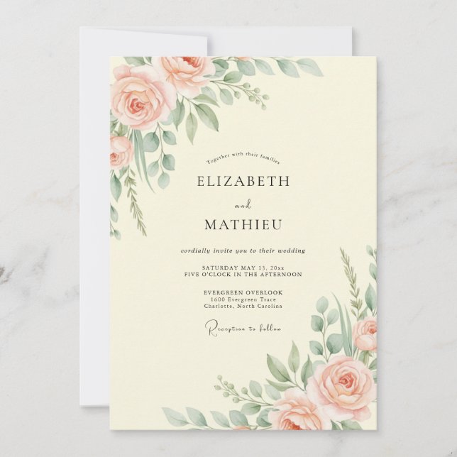 Invitación Boda con Hojas de Crema de Melocotón (Anverso)