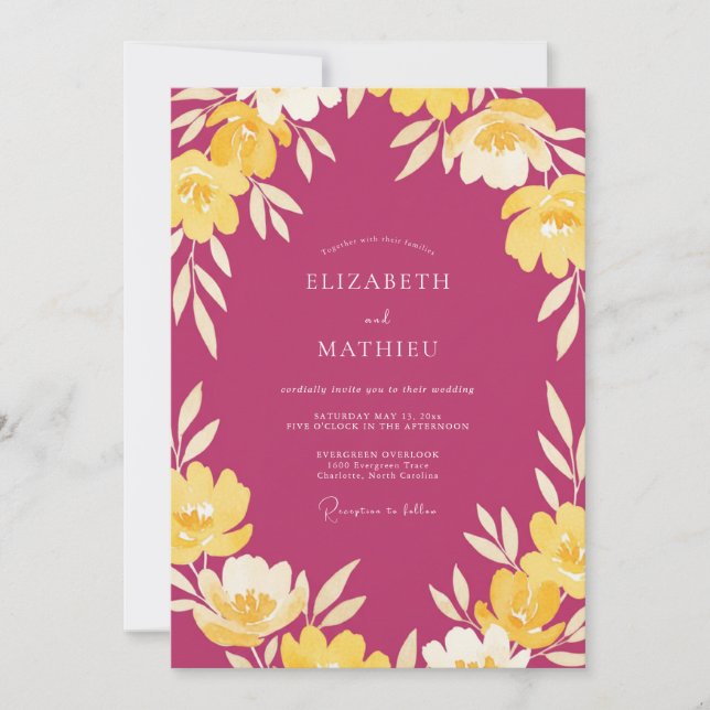Invitación Boda con Hojas de Crema Magenta (Anverso)