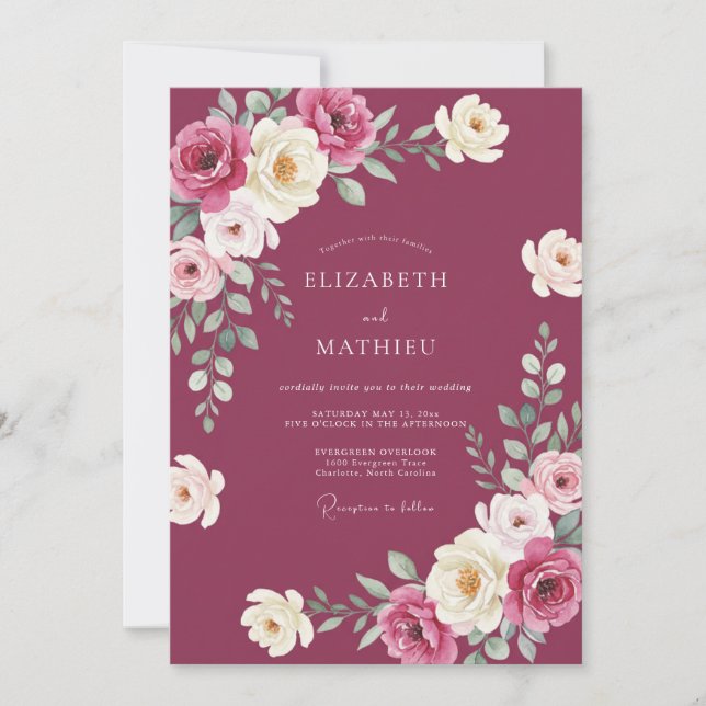Invitación Boda con Hojas de Crema Malva (Anverso)