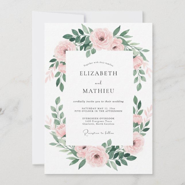 Invitación Boda con Hojas de Esmeralda Rosadas (Anverso)
