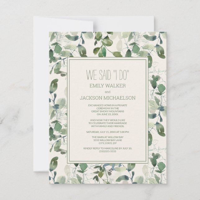 Invitación Boda con Hojas de Eucalipto Verde Salvia Huida (Anverso)