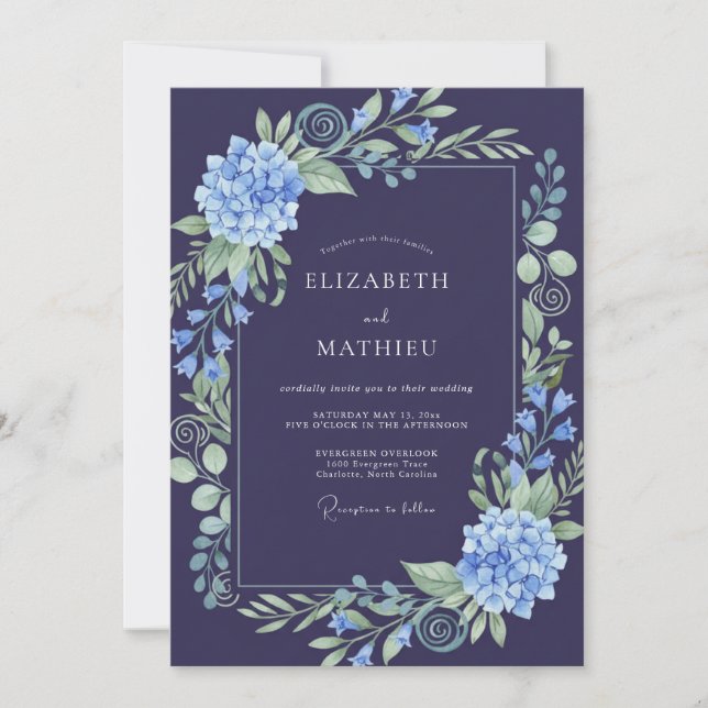 Invitación Boda con hojas de hortensia índigo (Anverso)