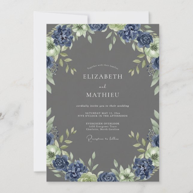 Invitación Boda con Hojas de Índigo Carbón (Anverso)