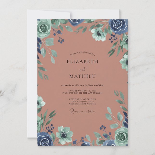 Invitación Boda con Hojas de Índigo de Arcilla (Anverso)