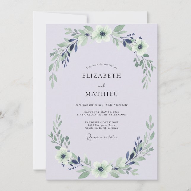Invitación Boda con Hojas de Índigo Lila (Anverso)