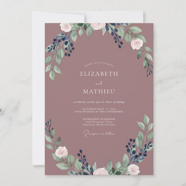 Invitación Boda con Hojas de Índigo Malva (Anverso)