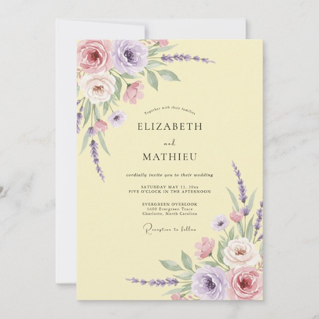 Invitación Boda con Hojas de Lila Amarillo Pálido (Anverso)