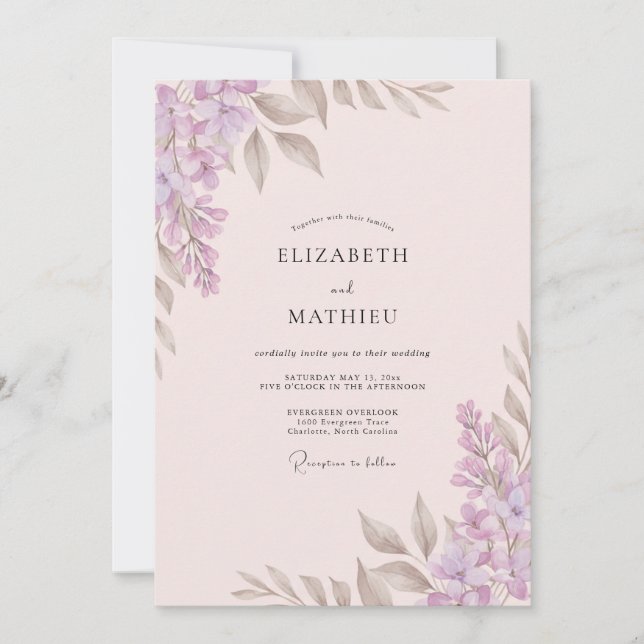 Invitación Boda con Hojas de Lila Beige (Anverso)