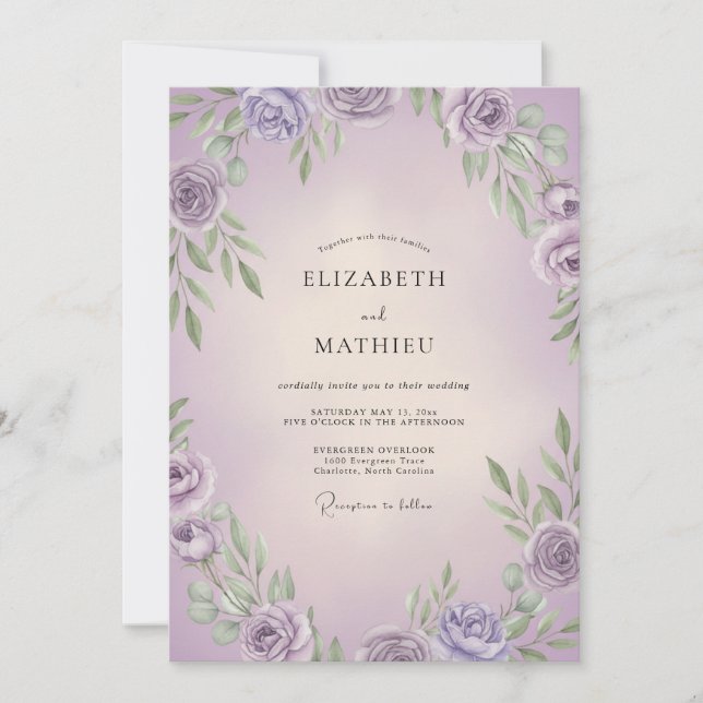 Invitación Boda con Hojas de Lila Lavanda (Anverso)