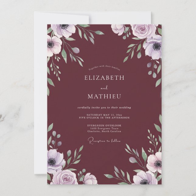 Invitación Boda con Hojas de Lila Marsala (Anverso)