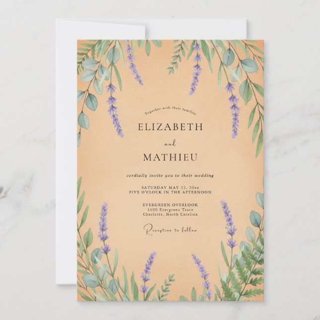 Invitación Boda con Hojas de Lila Melocotón (Anverso)