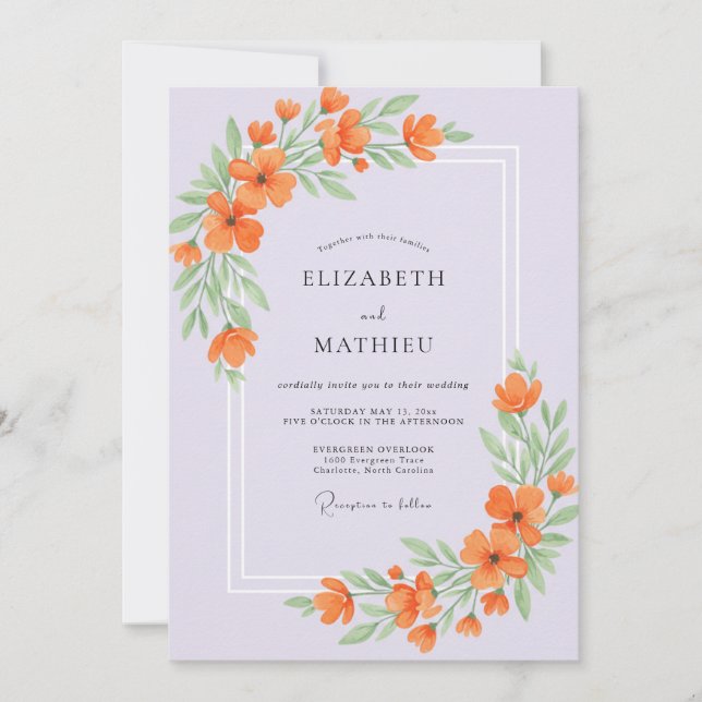 Invitación Boda con Hojas de Lila Naranja (Anverso)