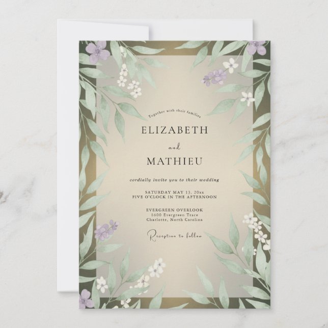 Invitación Boda con Hojas de Lila Oliva (Anverso)