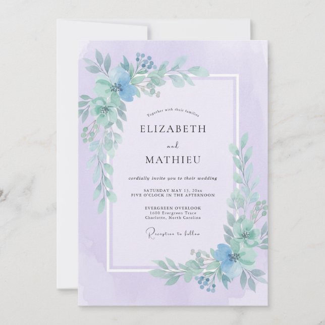 Invitación Boda con hojas de lila Periwinkle (Anverso)
