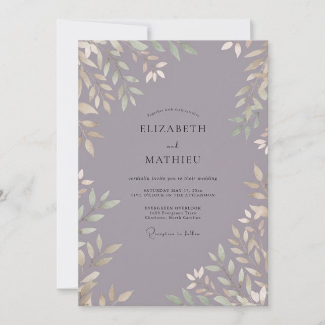 Invitación Boda con Hojas de Lila Pizarra (Anverso)