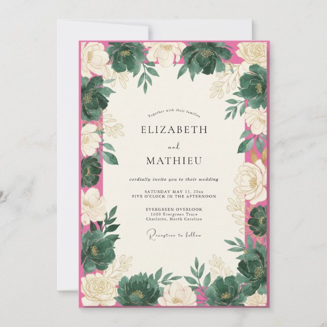 Invitación Boda con Hojas de Magenta Teal (Anverso)