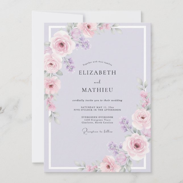 Invitación Boda con Hojas de Malva Lavanda (Anverso)