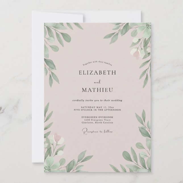 Invitación Boda con Hojas de Malva Pálido (Anverso)