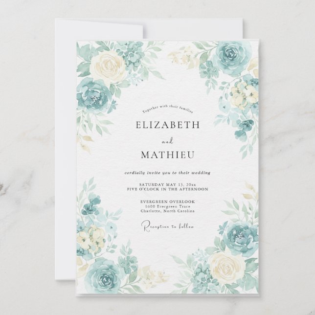 Invitación Boda con hojas de marfil acuático (Anverso)