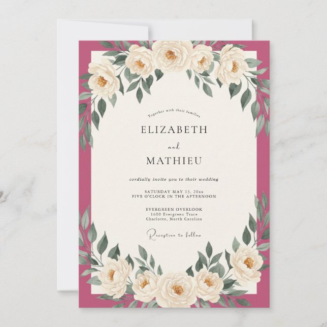 Invitación Boda con Hojas de Marfil Magenta (Anverso)