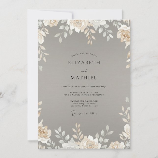 Invitación Boda con Hojas de Marfil Taupe (Anverso)