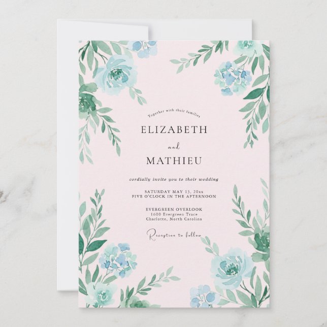 Invitación Boda con hojas de menta acuática pintada a mano (Anverso)
