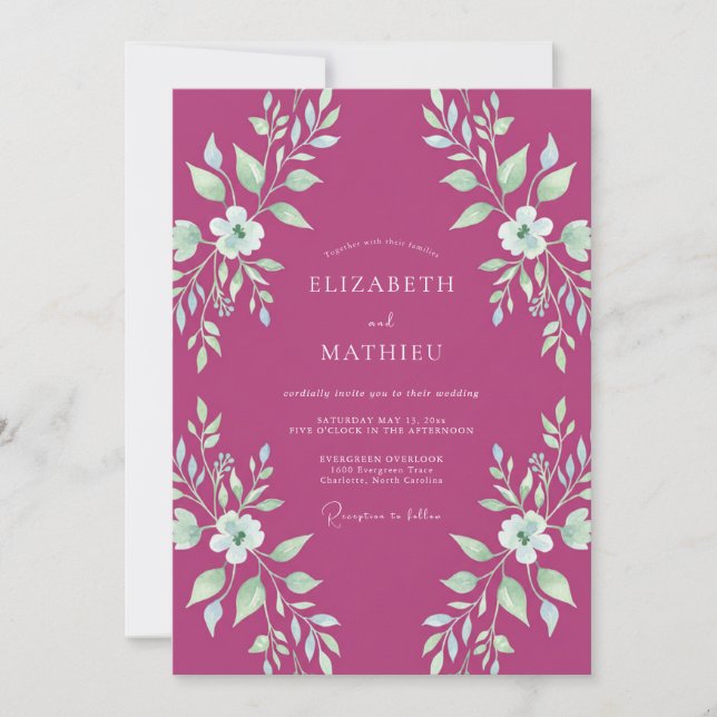 Invitación Boda con Hojas de Menta Magenta (Anverso)