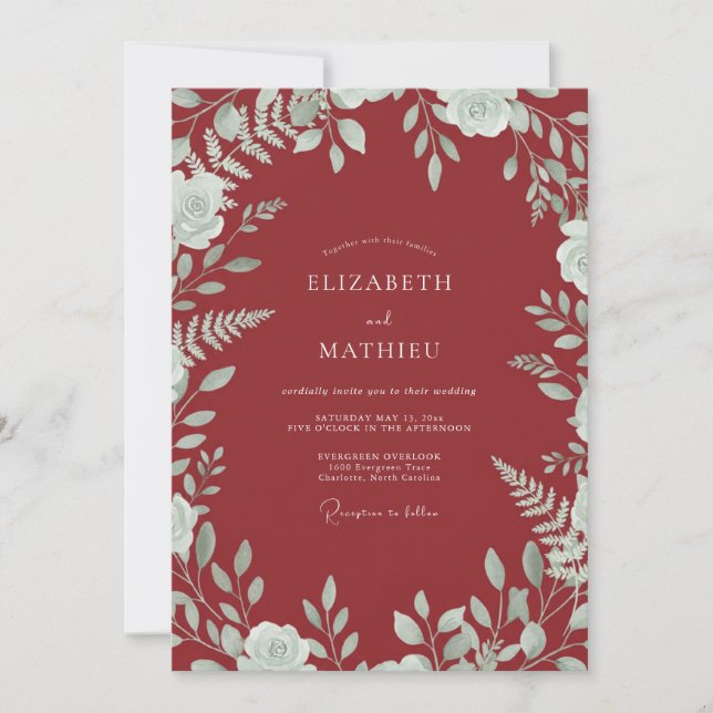 Invitación Boda con Hojas de Menta Merlot (Anverso)