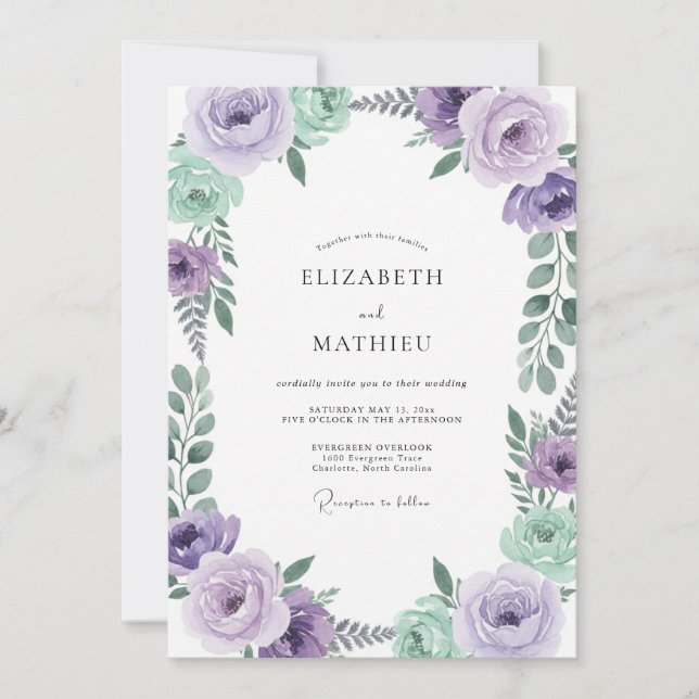 Invitación Boda con Hojas de Menta Morada (Anverso)