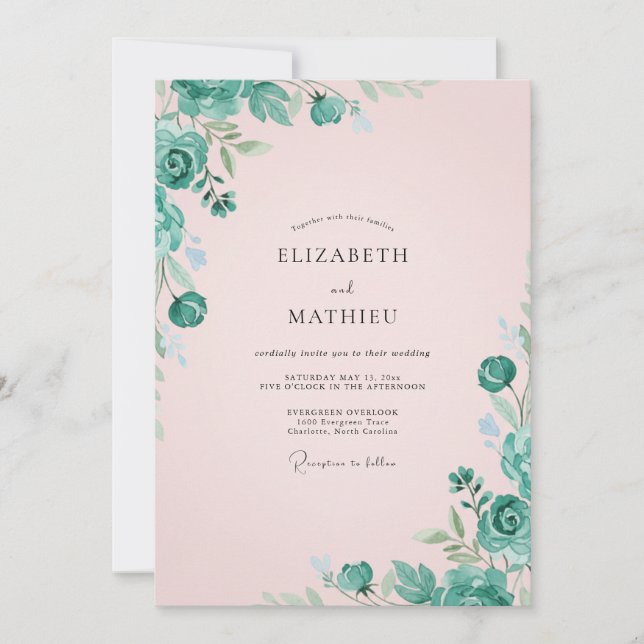 Invitación Boda con Hojas de Menta Rosa Pálido (Anverso)