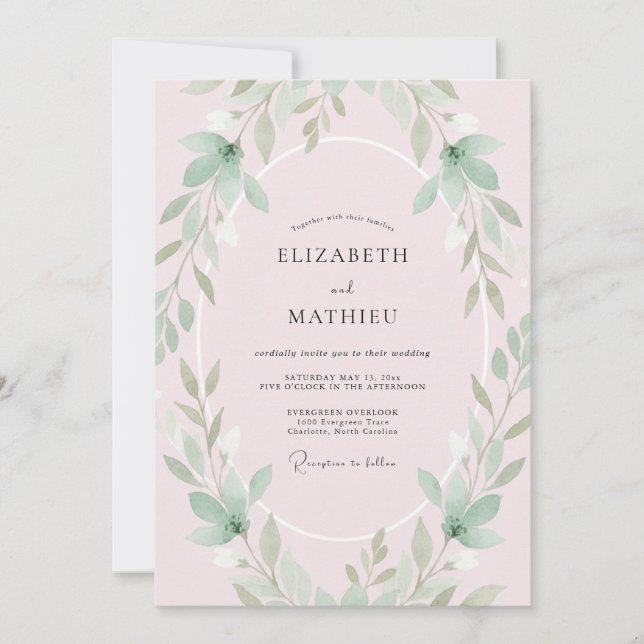 Invitación Boda con Hojas de Menta Rosadas (Anverso)