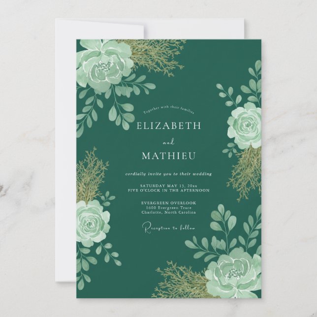 Invitación Boda con Hojas de Menta Verde Azulado (Anverso)