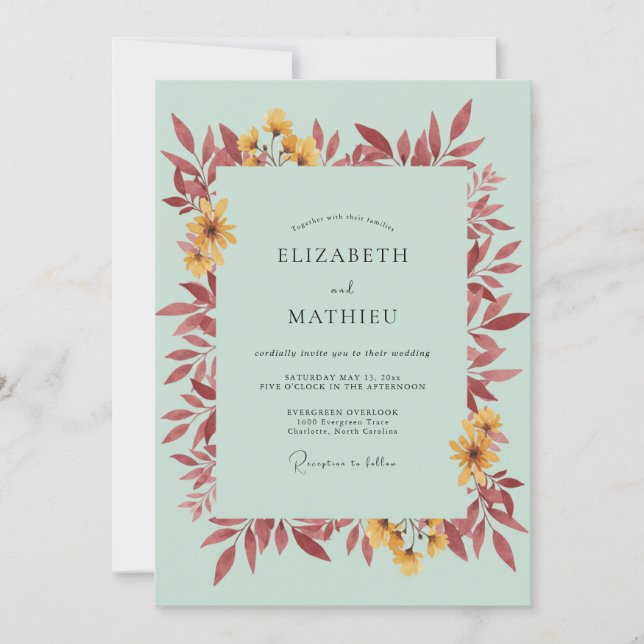 Invitación Boda con Hojas de Menta y Borgoña (Anverso)