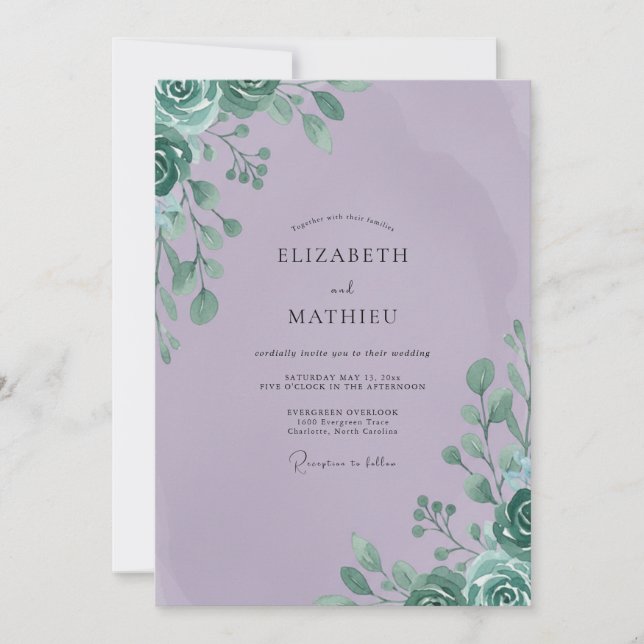 Invitación Boda con Hojas de Menta y Lila (Anverso)