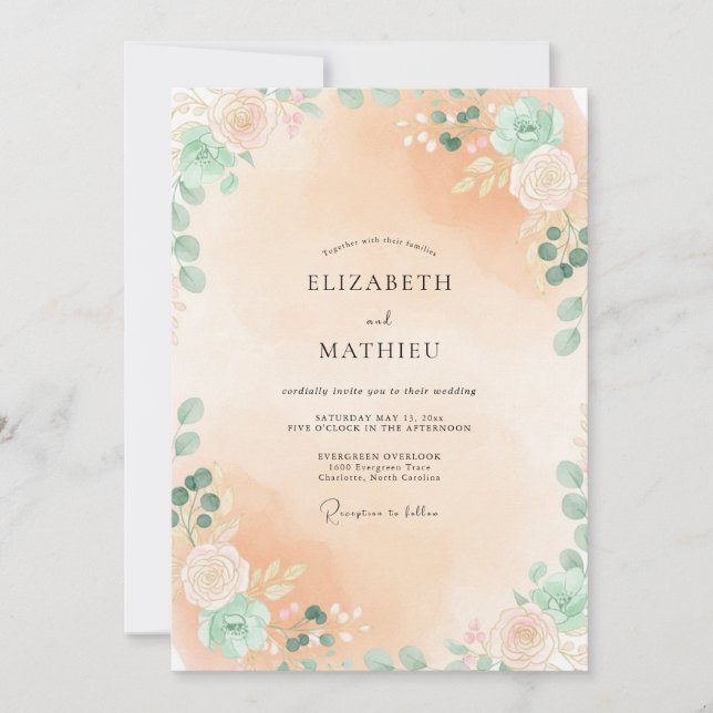 Invitación Boda con Hojas de Menta y Melocotón Cálido (Anverso)