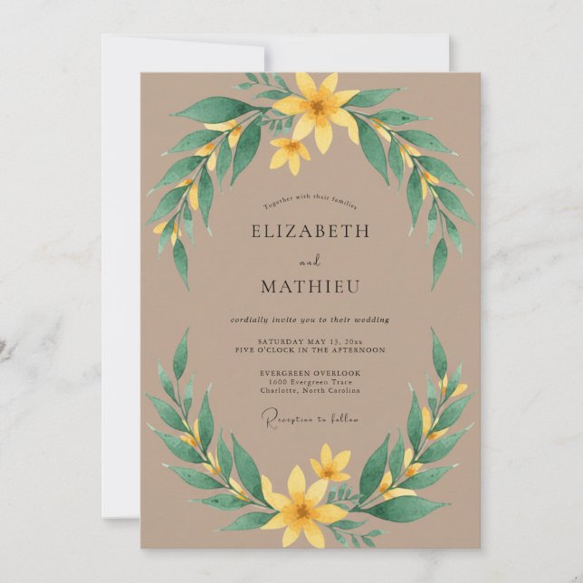 Invitación Boda con Hojas de Mostaza Beige (Anverso)